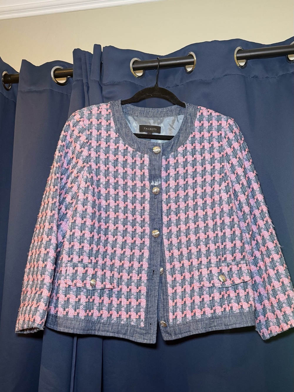 Talbots Pink and Blue Houndstooth Tweed Blazer